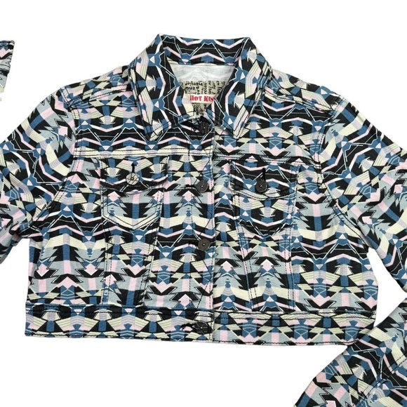 Hot Kiss Crop Top Denim Jacket 80s Retro Pastel Geometric Button Up Womens L - Picture 2 of 12